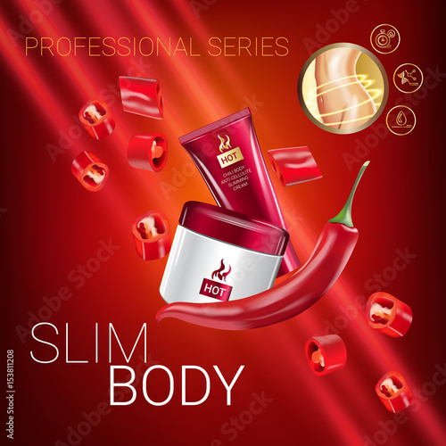 Body skin care series ads. Vector Illustration with chili pepper body slimming firming cream tube and container