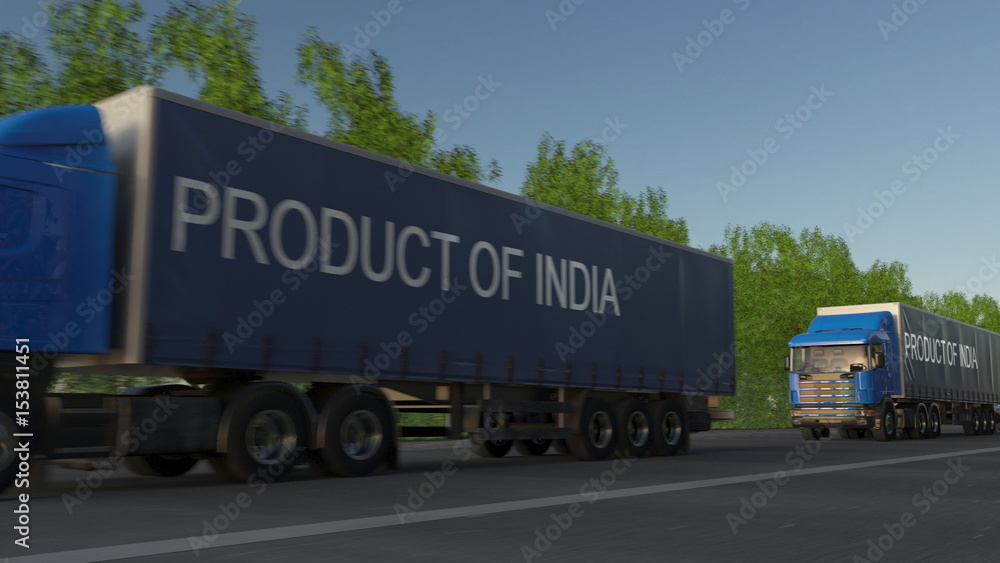Moving freight semi trucks with PRODUCT OF INDIA caption on the trailer. Road cargo transportation. 3D rendering