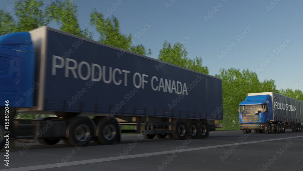 Moving freight semi trucks with PRODUCT OF CANADA caption on the trailer. Road cargo transportation. 3D rendering Moving freight semi trucks with PRODUCT OF CANADA caption on the trailer. Road cargo transportation. 3D rendering