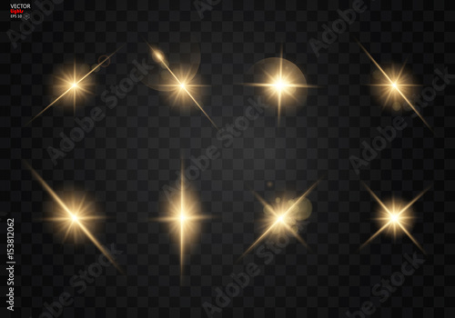Set. Shining star, the sun particles and sparks with a highlight effect, golden bokeh lights glitter and sequins. On a dark background transparent. Vector, EPS10