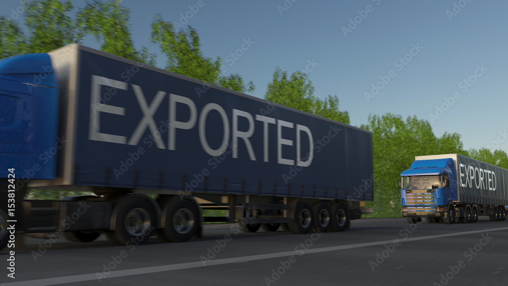 Speeding freight semi truck with EXPORTED caption on the trailer. Road cargo transportation. 3D rendering