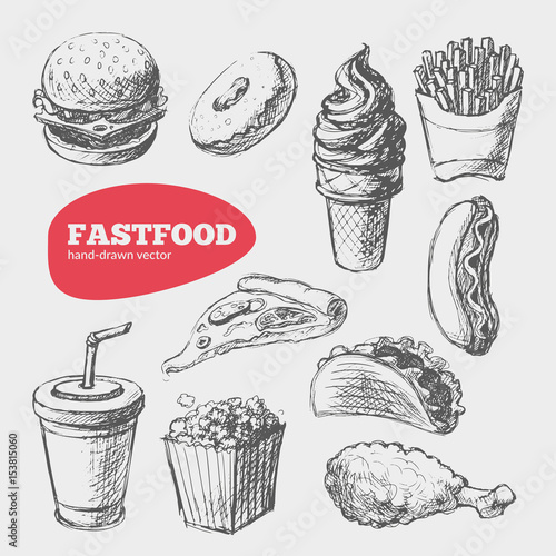 Fastfood sketch illustrations. Hand-drawn vector set. Cool vintage icons. 