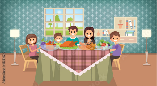 family having meal together, cartoon style.vector illustration