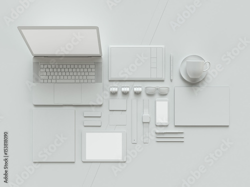 Grey and isolated office supplies with attributes furniture for office. 3D illustration.