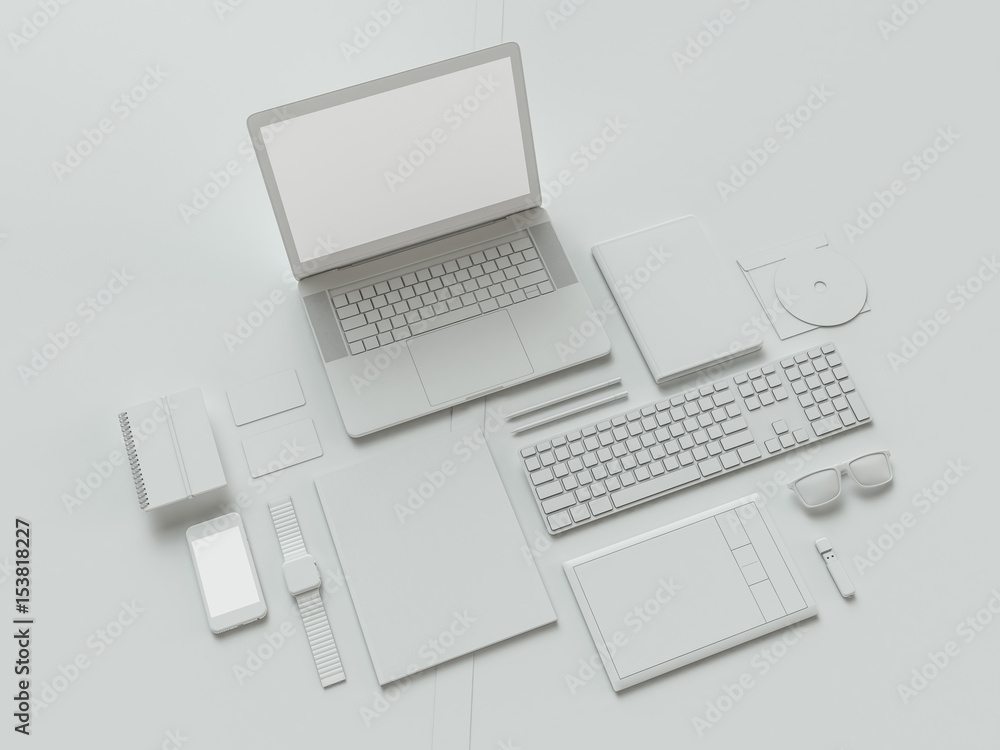 Grey and isolated office supplies with attributes furniture for office. 3D illustration. Grey and isolated office supplies with attributes furniture for office. 3D illustration.