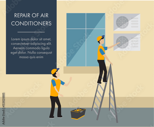 Banner with workers who repair air conditioning outside. Professionals work with equipment