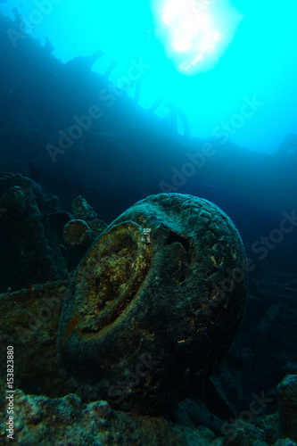 Old plane wheel inside the wreck name is SS Thistlegorm