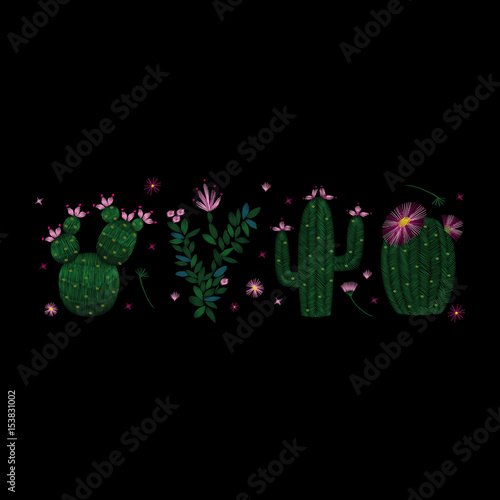 Colorful embroidery. Decollete floral pattern with cacti and plants. ethnic. Vector traditional traditional flowers on a black background