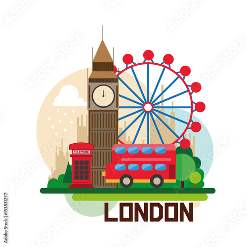 London, united kingdom, red bus, telephone booth, ferris wheel, rain, vector