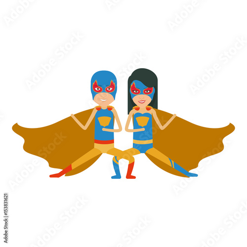 colorful silhouette with duo of superheroes in defensive pose and her with straight long hair and without contour vector illustration