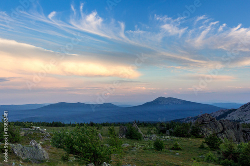 Sunset in the mountains of the Southern Urals. Beautiful sunset sky. The nature of the Southern Urals. © danilsneg