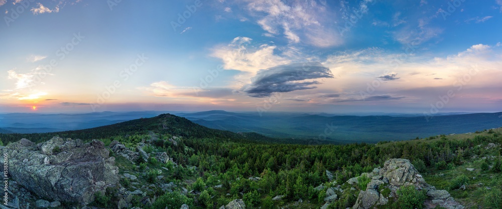 Sunset in the mountains of the Southern Urals. Beautiful sunset sky. The nature of the Southern Urals.
