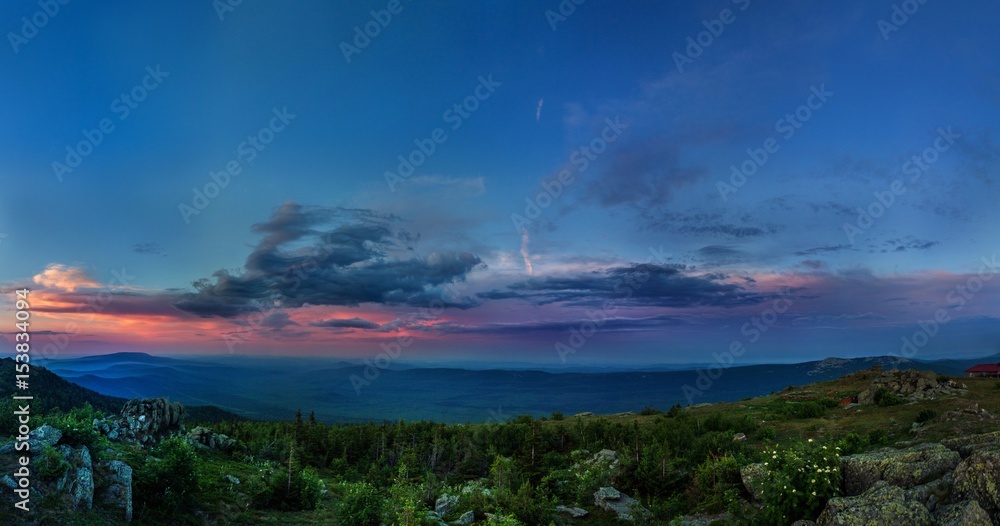 Sunset in the mountains of the Southern Urals. Beautiful sunset sky. The nature of the Southern Urals.