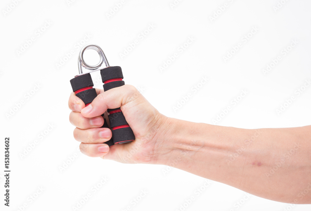 Hand holding sport exercise grip on white background Hand holding sport exercise grip on white background
