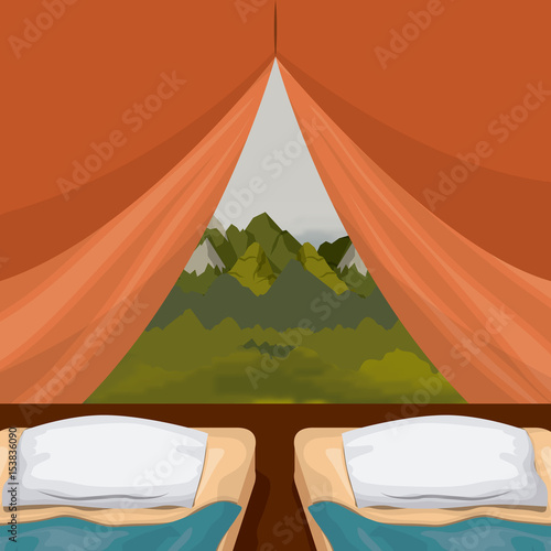 background interior camping tent with double pad and landscape scenary outside vector illustration