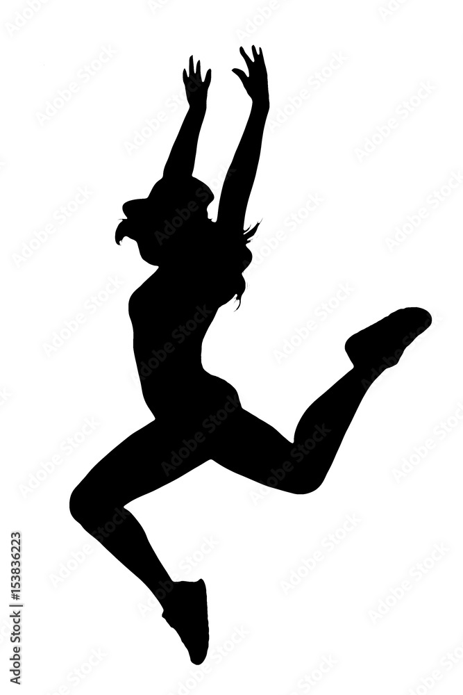 silhouette of woman dancing and jumping on white background silhouette of woman dancing and jumping on white background