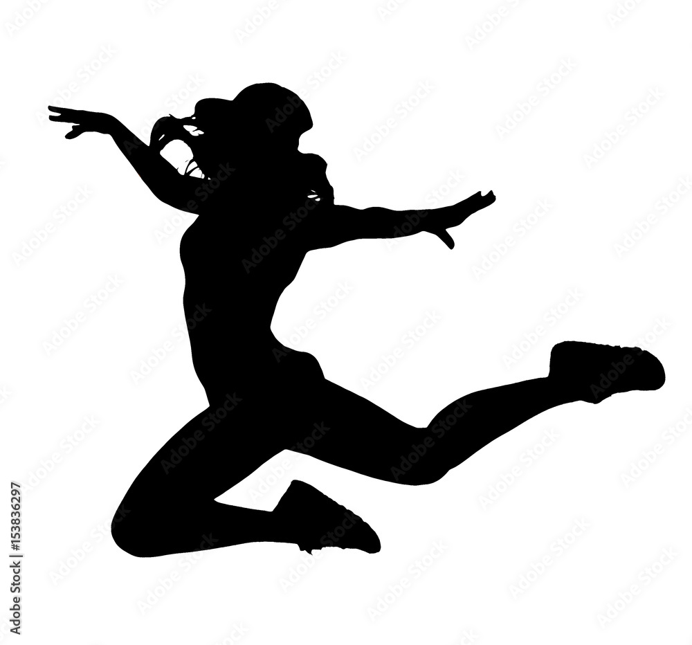 silhouette of woman dancing and jumping on white background