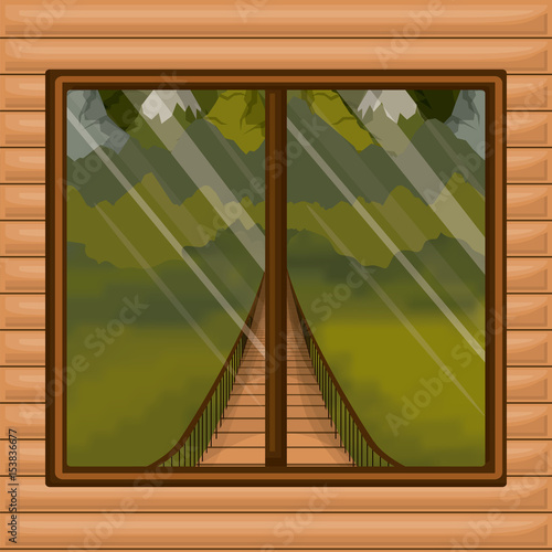 background interior wooden cabin with suspension bridge and forest scenary behind window vector illustration