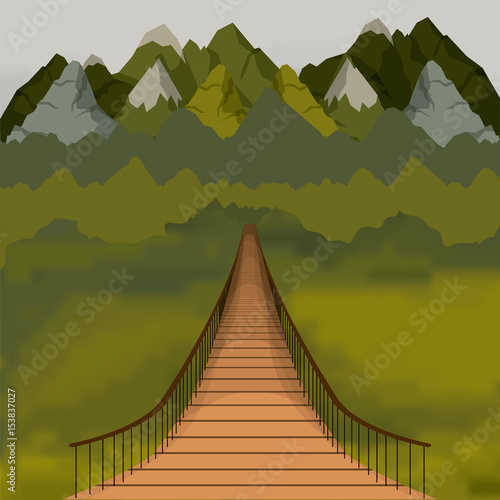 background outside suspension bridge and forest scenary behind window vector illustration
