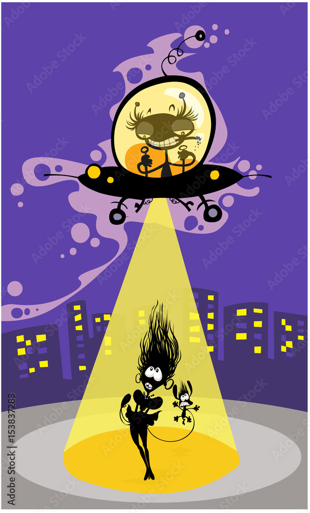 Cartoon UFO abduction of a girl and dog. Stock Vector | Adobe Stock