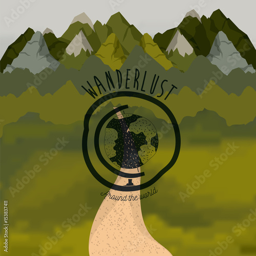 background forest scenary with road and wanderlust logo eart globe vector illustration