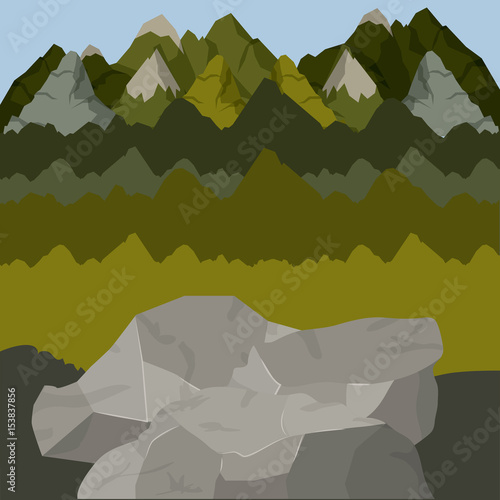 background outside forest scenary with high mountains and rocks vector illustration