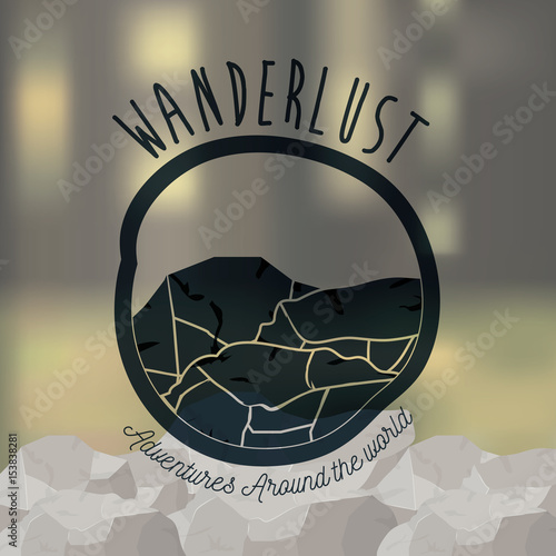 background blur forest scenary with wanderlust logo rocks vector illustration