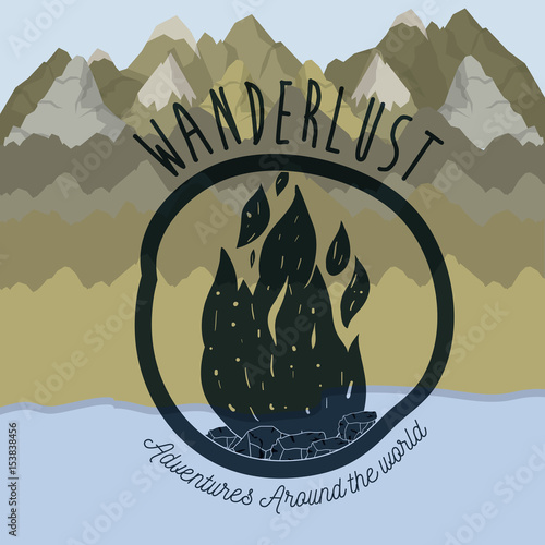background blur forest scenary with lake and wanderlust logo wood fire vector illustration