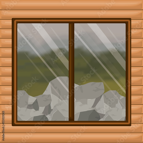 background interior wooden cabin with forest with rocks scenary behind window vector illustration