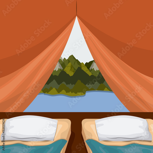 background interior camping tent with double pad and landscape scenary outside with lake vector illustration