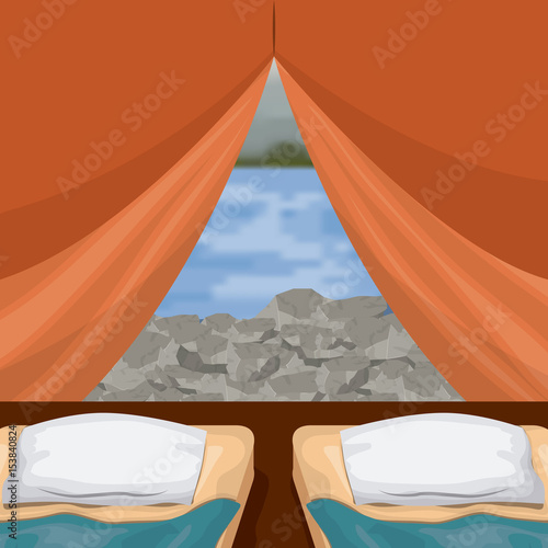 background interior camping tent with double pad and blur river scenary outside vector illustration