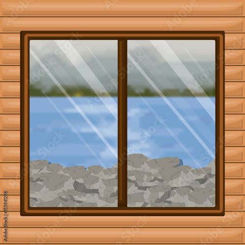 background interior wooden cabin with blur river with rocks scenary behind window vector illustration