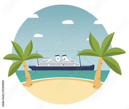 Summer tropical beach landscape with palm trees and cruise liner.travel banner.ocean sea cruise liner to the islands.