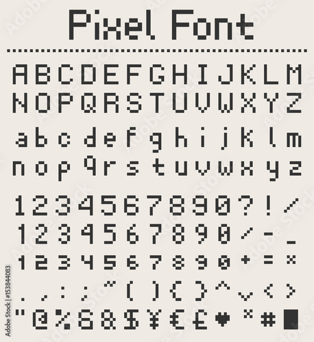 pixel retro font, videogame type, 8-bit alphabet letters and numbers