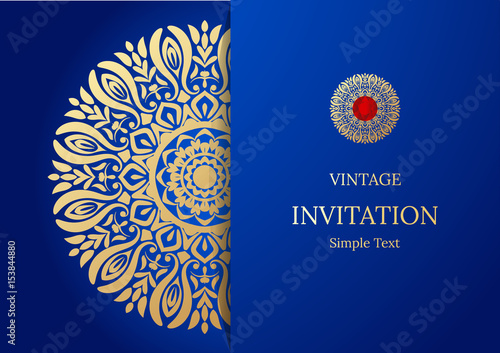 Elegant Save The Date card design. Vintage floral invitation card template. Luxury swirl mandala greeting  gold and blue card