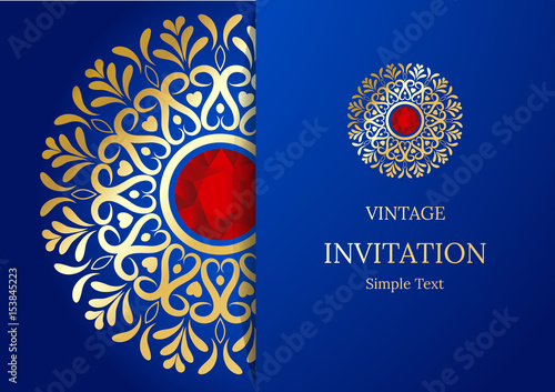 Elegant Save The Date card design. Vintage floral invitation card template. Luxury swirl mandala greeting  gold and blue card