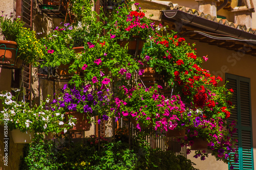 Fototapeta Naklejka Na Ścianę i Meble -  Splendido balcone con vasi di fiori nel borgo medievale di Spello