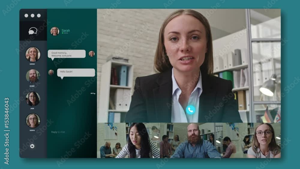 Group of colleagues communicating via video conference and texting in chat