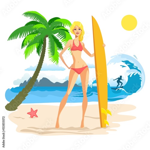 Surfer girl and surfboard