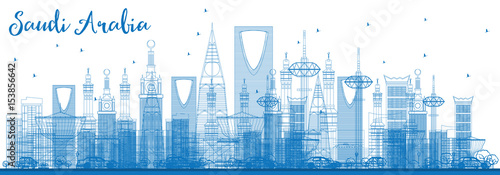 Outline Saudi Arabia Skyline with Blue Landmarks.