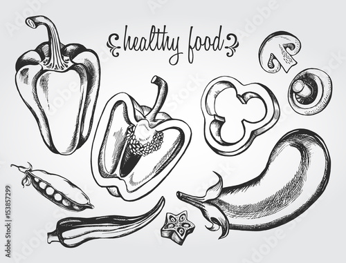Hand drawn set of vegetables - peppers, peas, okra, eggplant, champignon. Vector illustration.