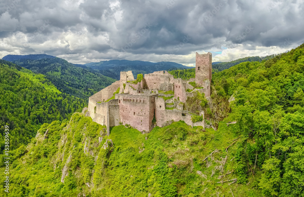 Ruins of Saint-Ulrich Castle located in The Vosges mountains near Ribeauville, Alsace, France