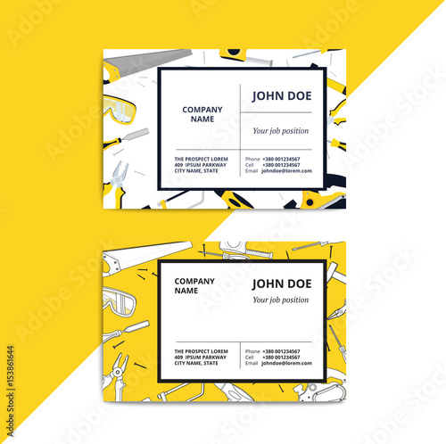 Home improvement corporate business card with repair tools. House construction id template. Renovation background for professional carpenter, handyman, builder. Vector illustration.