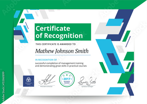 Certificate of recognition template in modern design. Business diploma layout for training graduation or course completion. Vector background illustration.