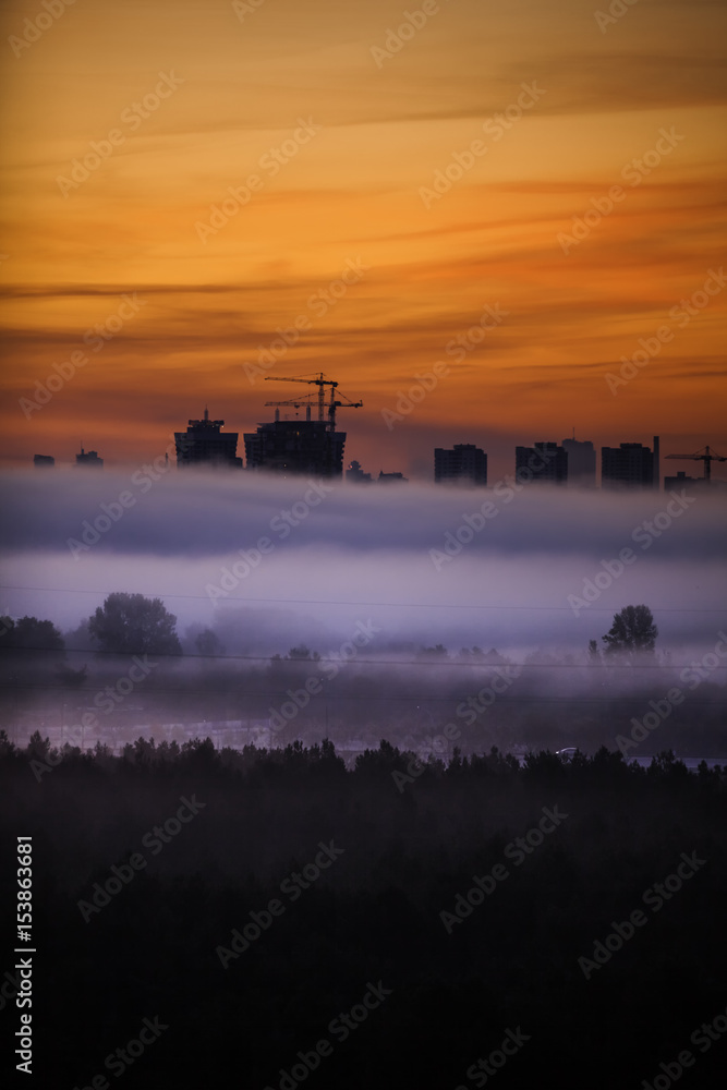 Early foggy morning over the city of Minsk