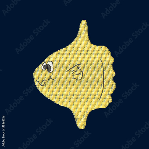 Moonfish patch embroidery, vector illustration of sea animal, cute character of uderwater life, decorative element for baby, children clothes, things