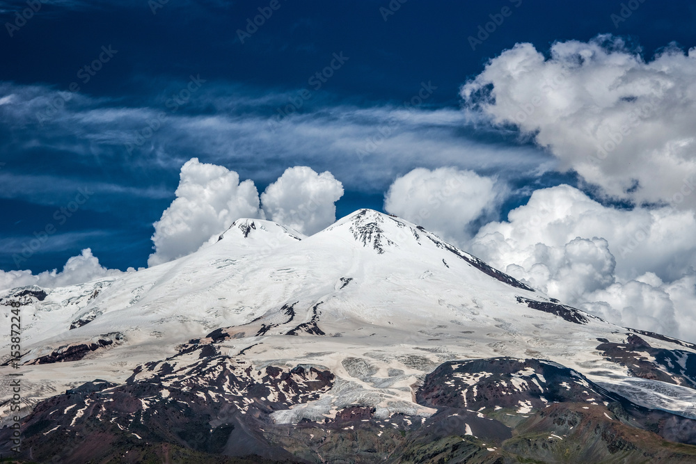 Mt. Elbrus from Cheget slope in summer sunny day
