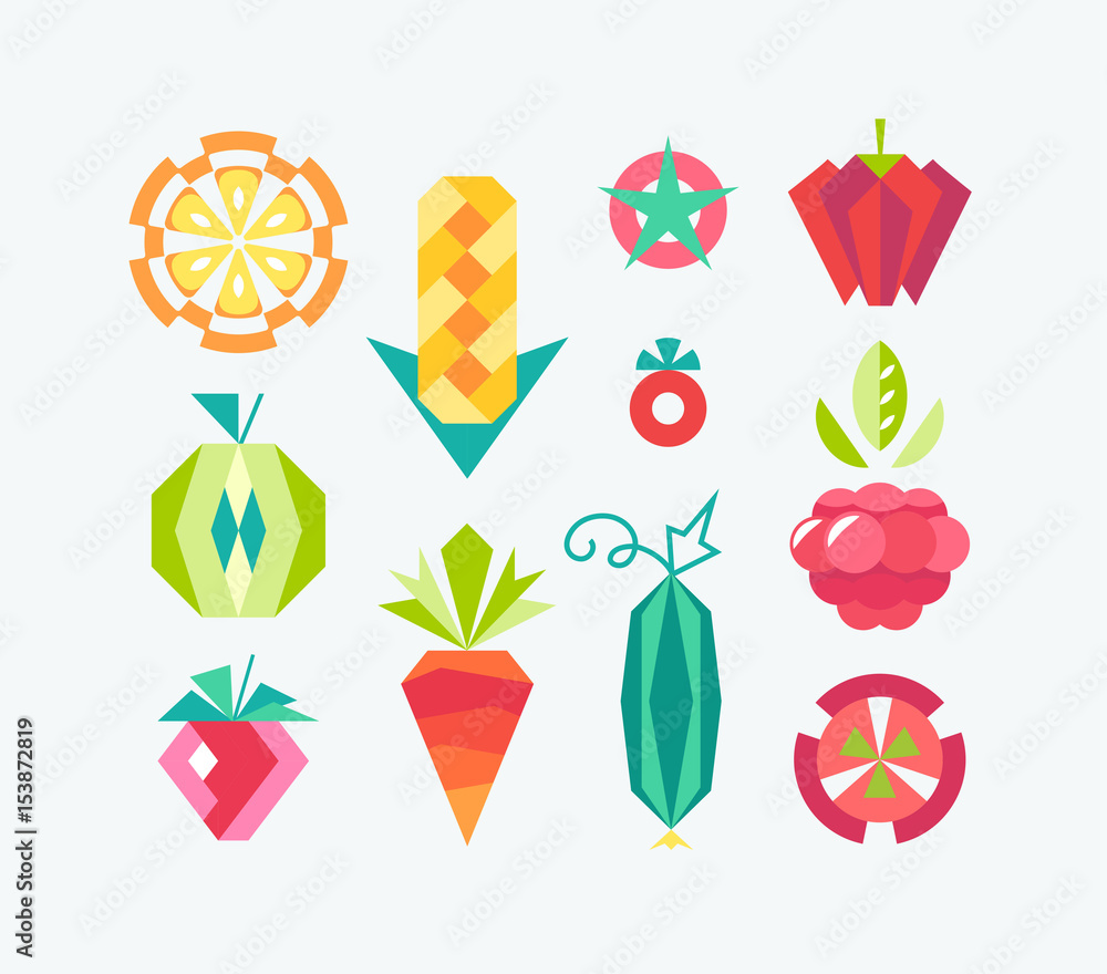 Geometrical vector icons' set of fruits and vegetables.