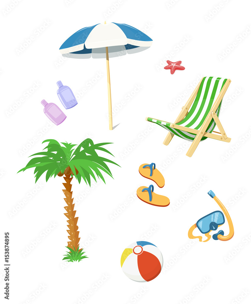 Summer time accessory. Flip flops, umbrella, chair, cream
