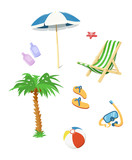 Summer time accessory. Flip flops, umbrella, chair, cream